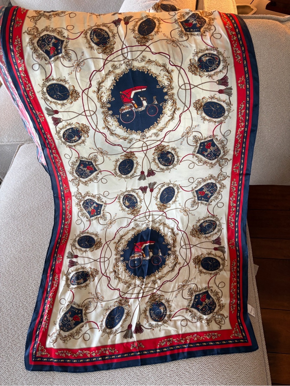 Cream, Navy & Red Decorative Equestrian-Print Scarf
